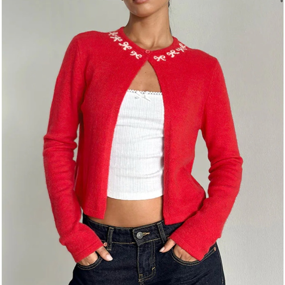 Motel Rocks Bright Red Cardigan with White Bows